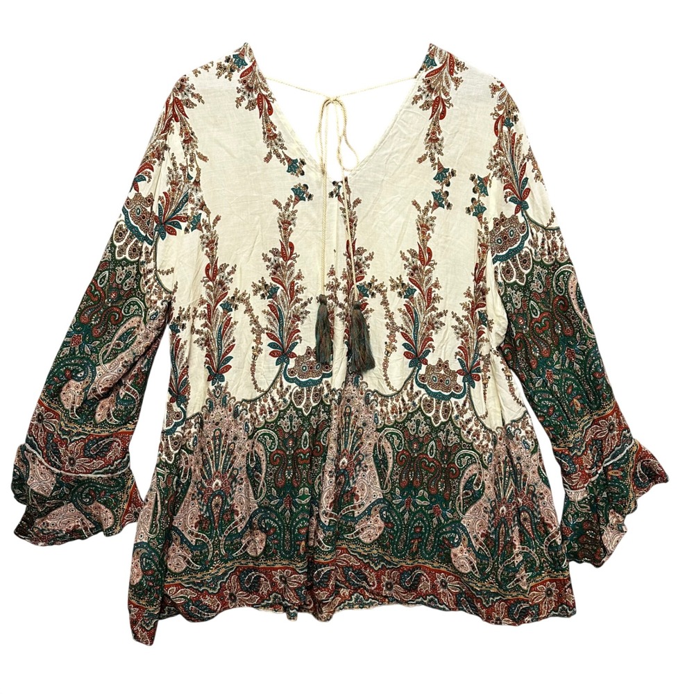 Umgee Paisley Tunic Top 1XL Cream Green Boho Bell Sleeve WA2648 Festival Peasant
